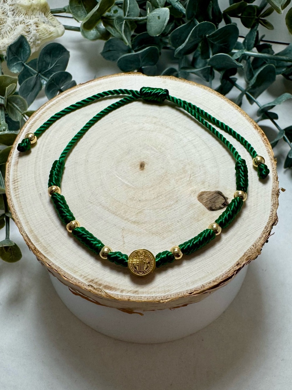 Green Cord Saint Benedict Bracelet Gold Tone Adjustable Unisex/ San Benito